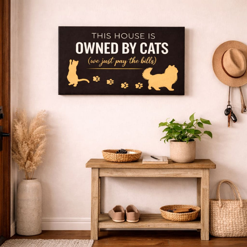 Owned By Cats canvas in black and gold for National Black Cat Day