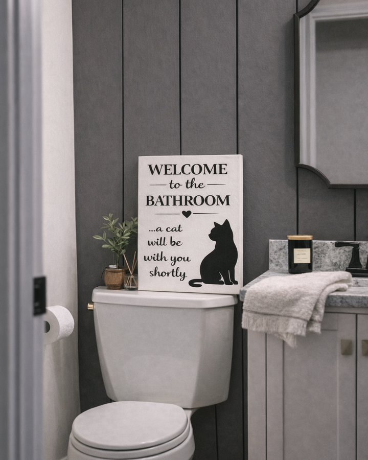 Funny cat bathroom canvas: Welcome to the bathroom, a cat will be with you shortly