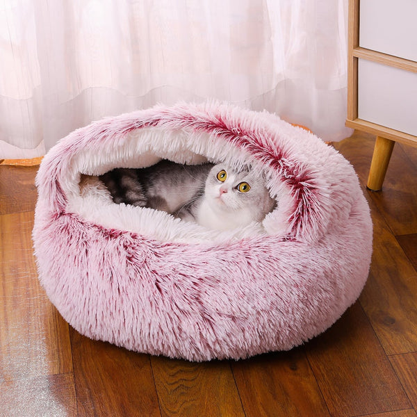 Hooded plush pet bed for cats who like to hide