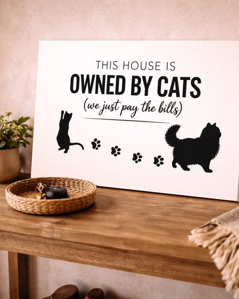 Owned By Cats canvas in White & Black leaning on a wooden console table