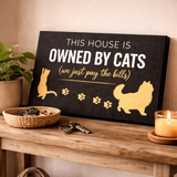 Owned By Cats canvas wall art with two cat silhouettes and paw prints - black version