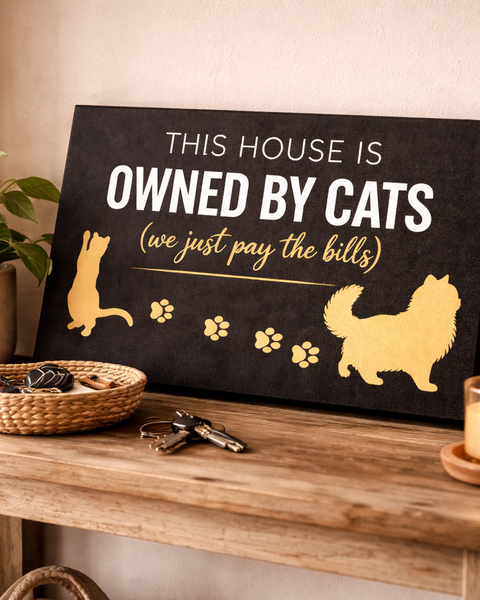 Owned By Cats canvas wall art with two cat silhouettes and paw prints - black version