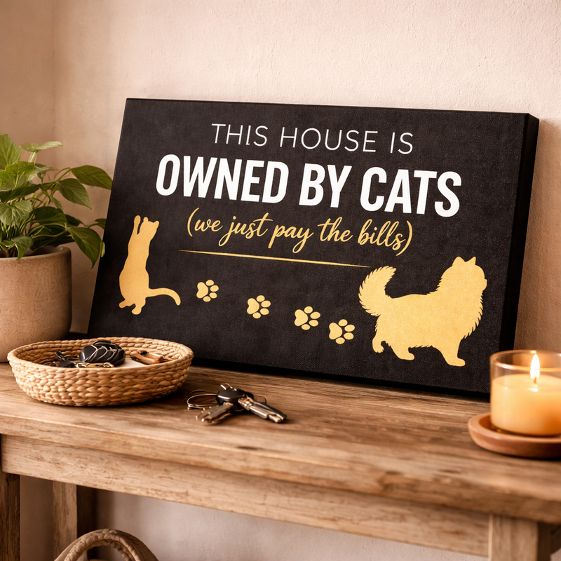Owned By Cats canvas wall art with two cat silhouettes and paw prints - black version