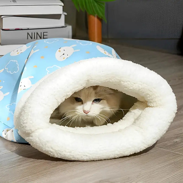 Cozy cat sleeping pouch for winter, soft velvet plush