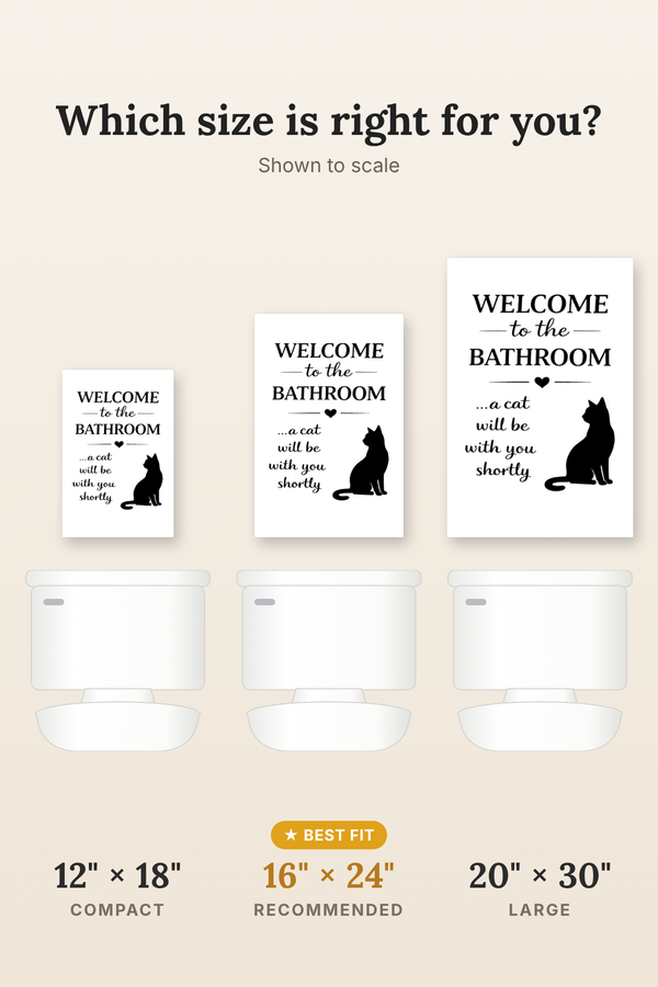 Size guide for the funny cat bathroom canvas: 12x18, 16x24 and 20x30 shown to scale