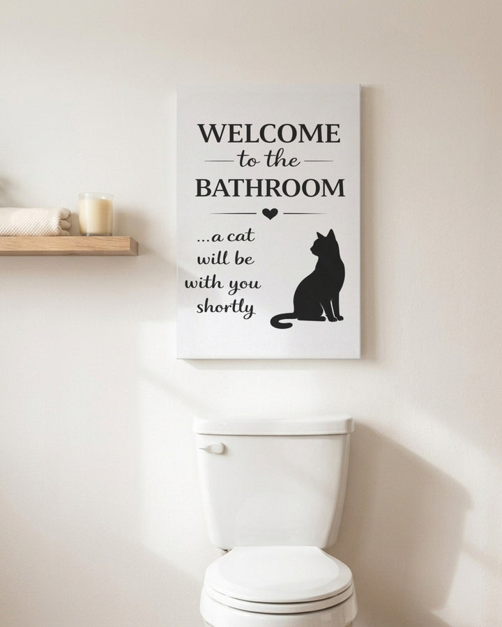 White Welcome to the Bathroom cat canvas hanging above a toilet