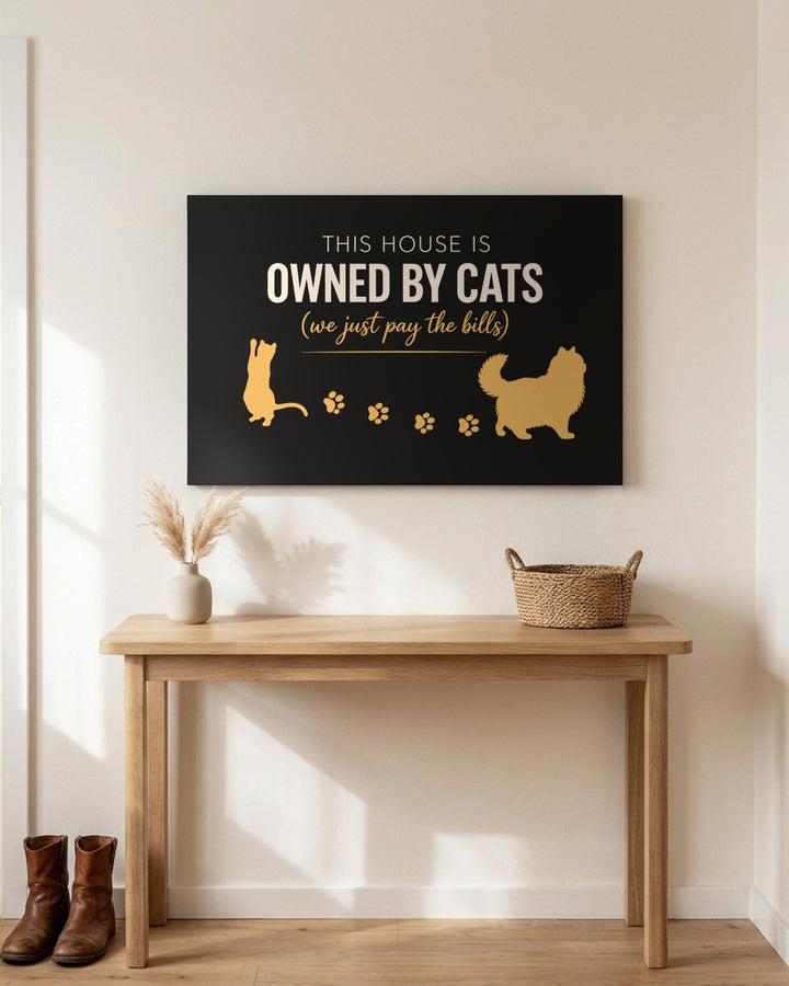 Black and gold This House Is Owned By Cats canvas above an entryway table