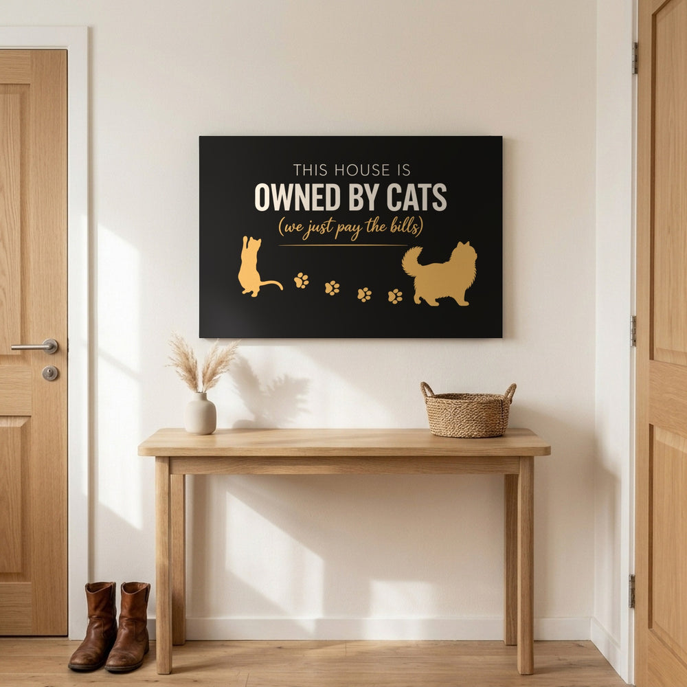 Black and gold This House Is Owned By Cats canvas above an entryway table