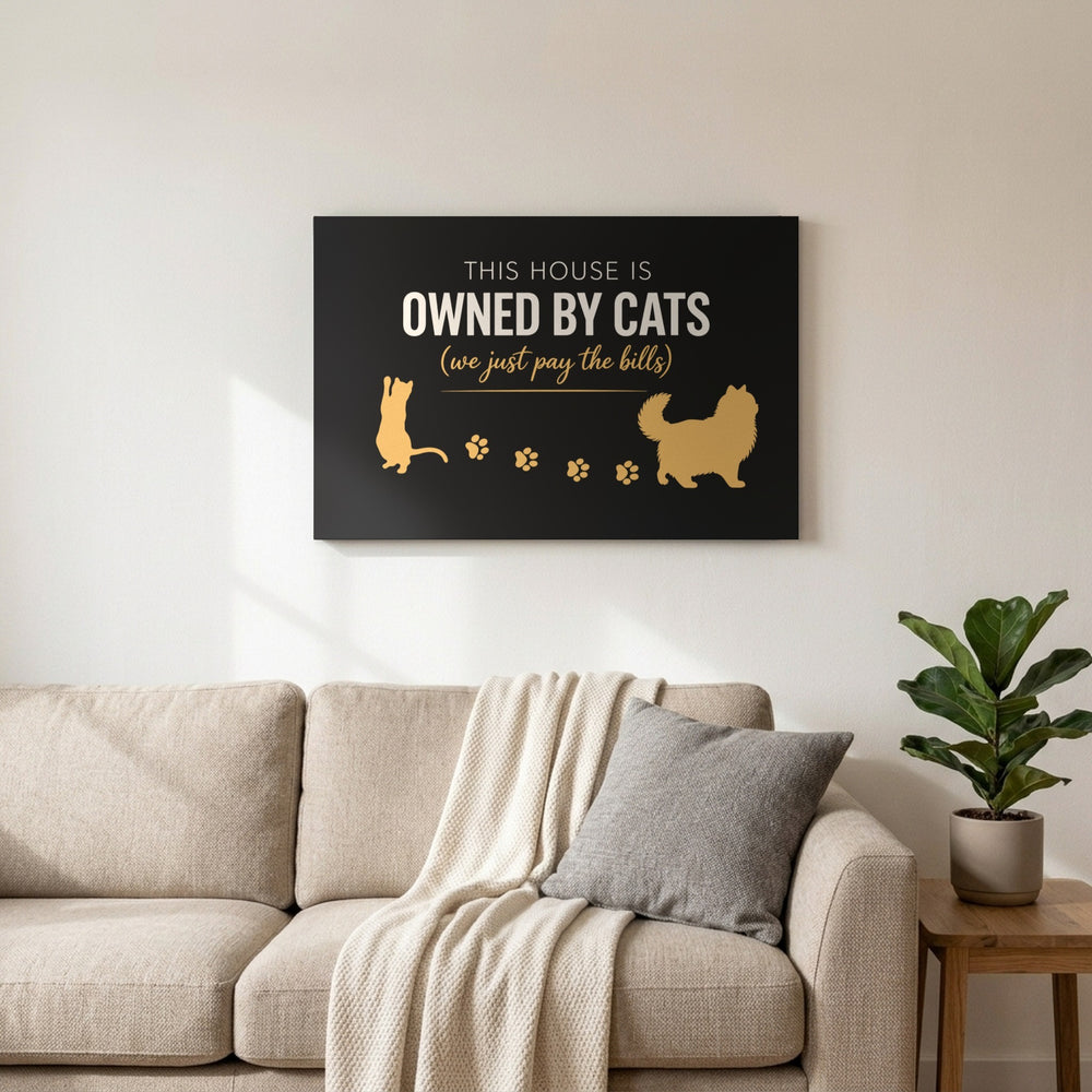 Black and gold This House Is Owned By Cats canvas above a living room sofa