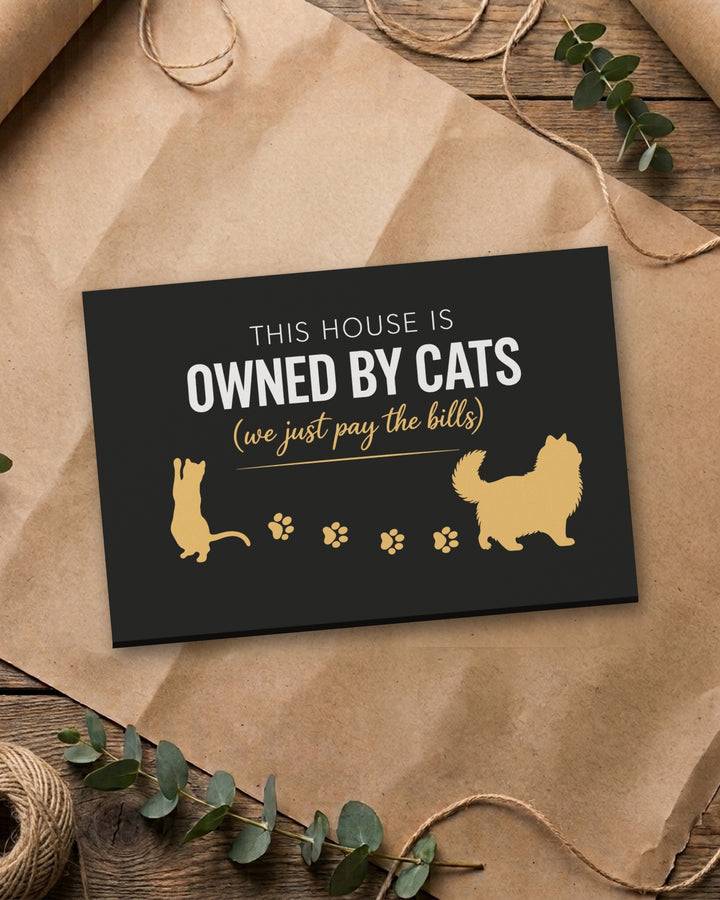 Black and gold This House Is Owned By Cats canvas on kraft gift paper with twine
