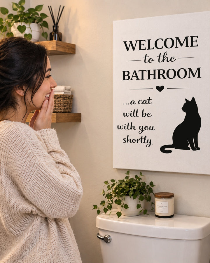 Woman laughing at the funny cat bathroom canvas hanging above her toilet