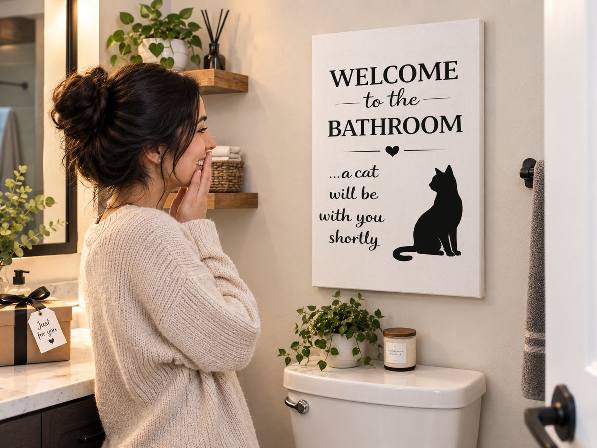 Woman laughing at the funny cat bathroom canvas hanging above her toilet