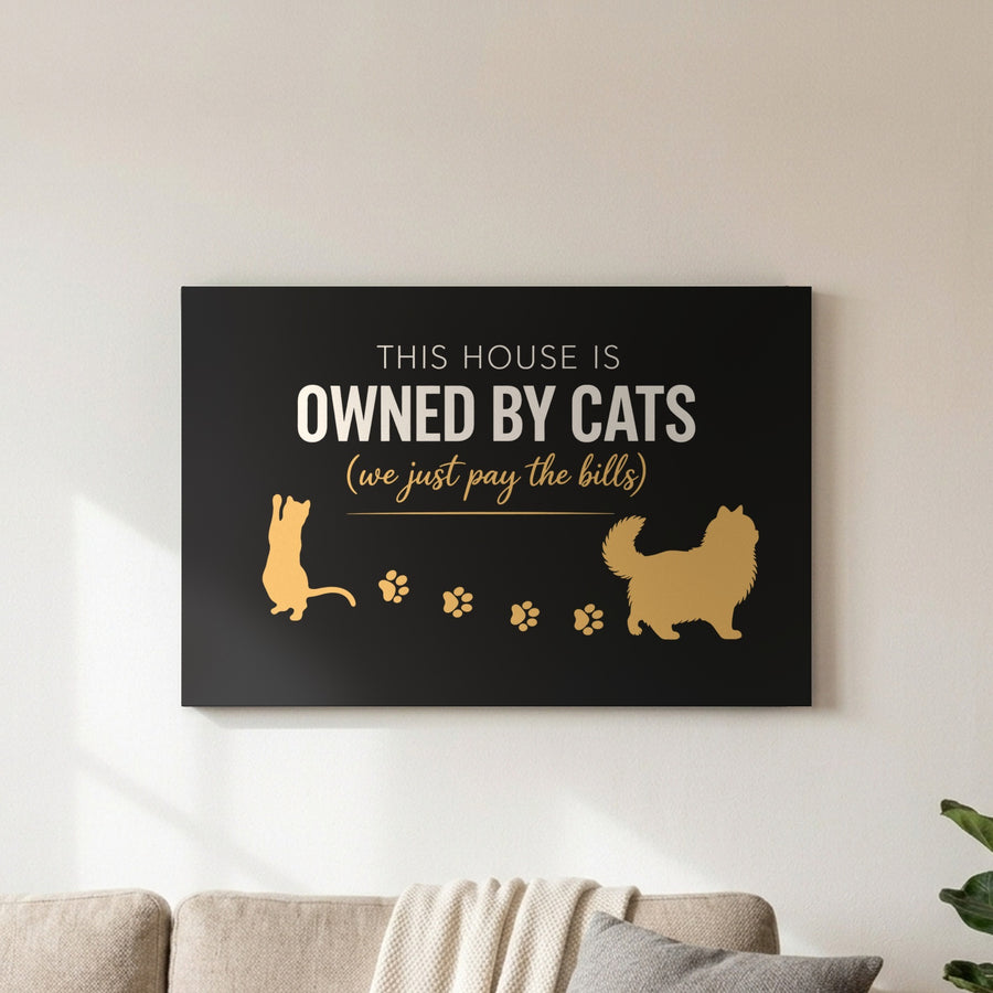Close-up of the black and gold This House Is Owned By Cats canvas above a sofa