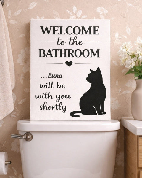 Personalized cat bathroom sign canvas with the name Luna above a toilet
