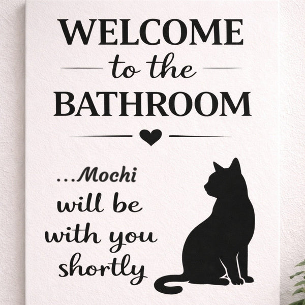 Close-up of a personalized cat bathroom canvas with the name Mochi