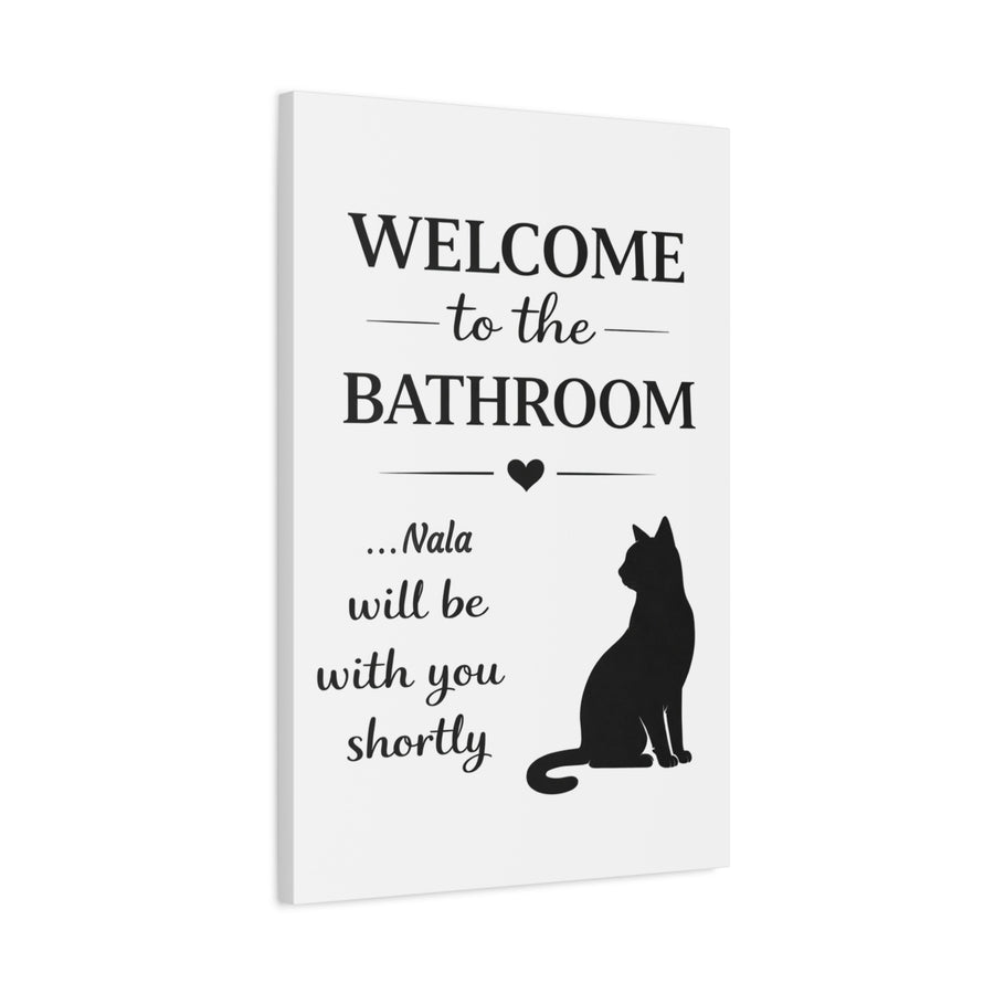 Personalized cat bathroom canvas with the name Nala, side view showing the gallery wrap