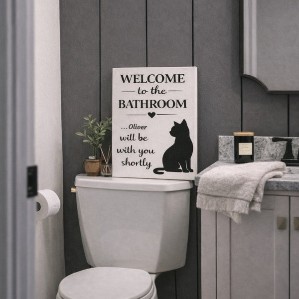 Personalized cat bathroom canvas with the name Oliver in a modern bathroom