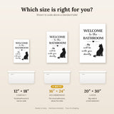 Size guide for the personalized cat bathroom canvas: 12x18, 16x24 and 20x30 inches shown to scale above a toilet