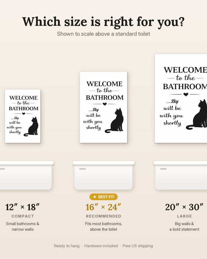 Size guide for the personalized cat bathroom canvas: 12x18, 16x24 and 20x30 inches shown to scale above a toilet