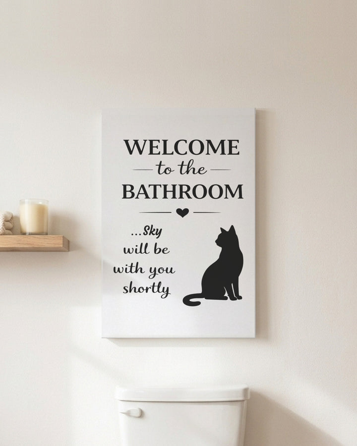 Personalized cat bathroom sign canvas with the name Sky above a toilet