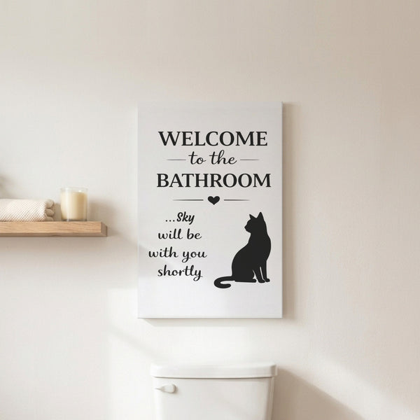 Personalized cat bathroom sign canvas with the name Sky above a toilet