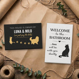 Personalized cat canvas set: Owned By Luna & Milo and Luna bathroom canvas side by side on kraft paper