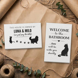 Personalized cat canvas set in White & Black: Owned By Luna & Milo and Luna bathroom canvas on kraft paper