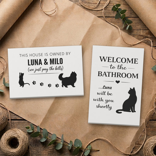 Personalized cat canvas set in White & Black: Owned By Luna & Milo and Luna bathroom canvas on kraft paper