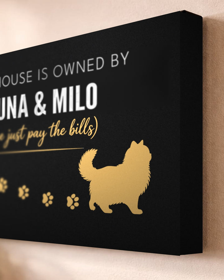 Close-up of a personalized cat name canvas reading This house is owned by Luna & Milo, black and gold