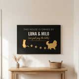 Personalized Owned By Cats canvas, Black & Gold, reading This house is owned by Luna & Milo, above an entryway table
