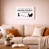 Personalized cat canvas with four names, Luna, Milo, Pip & Bella, above a living room sofa